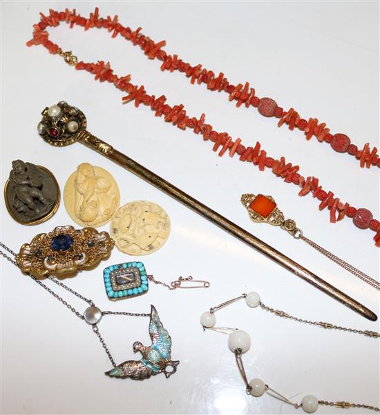 Coral necklace, a small quantity of jewellery including a lava brooch
